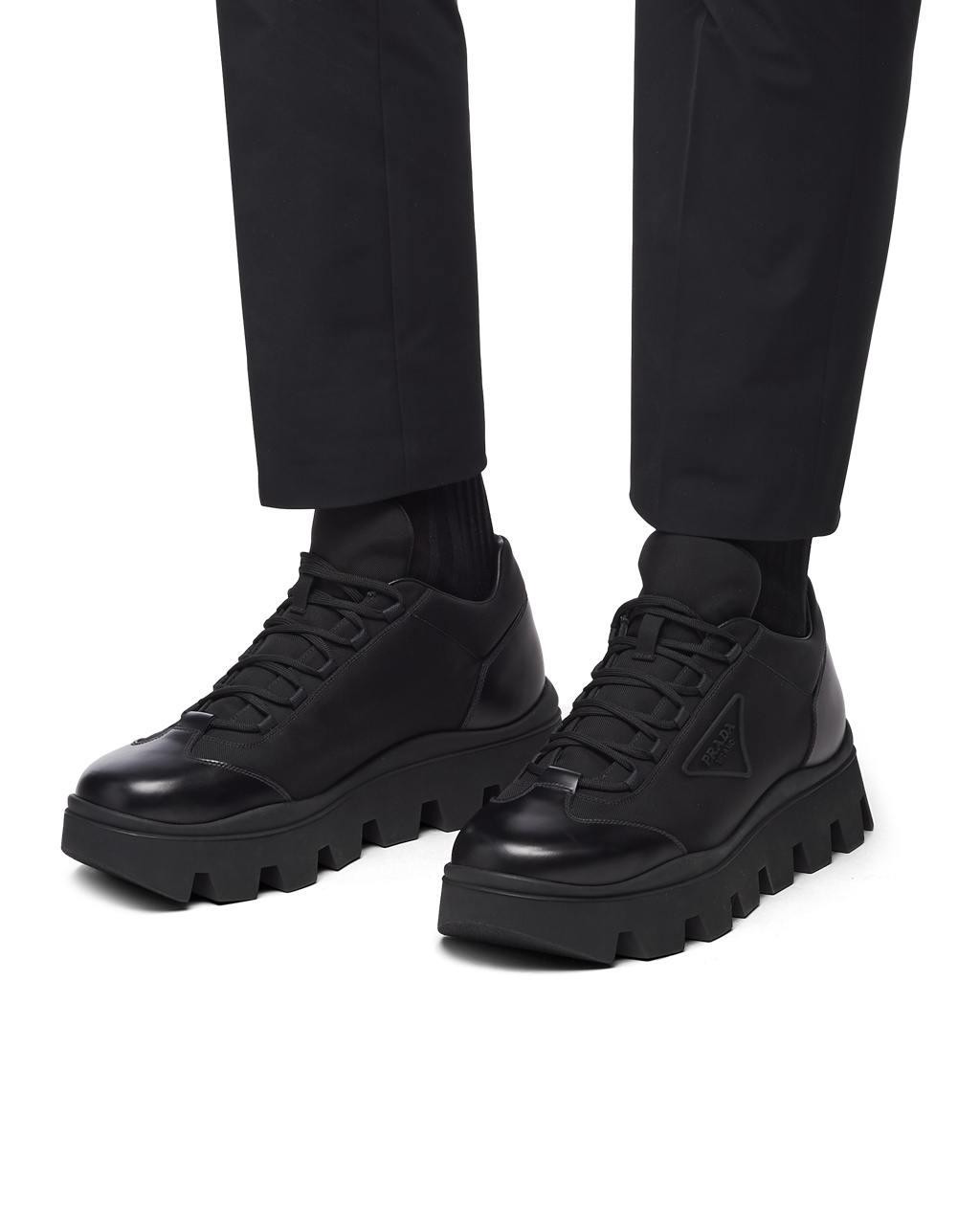 Prada Brushed Lær And Nylon Sneakers Svarte | 137-OXQKHG