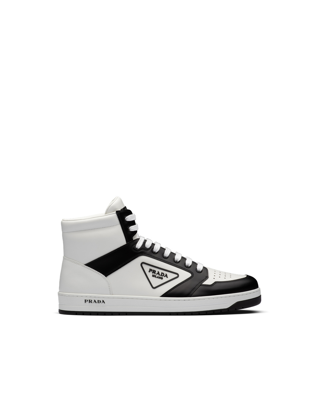 Prada District Lær Sneakers Hvite Svarte | OVHCIS984