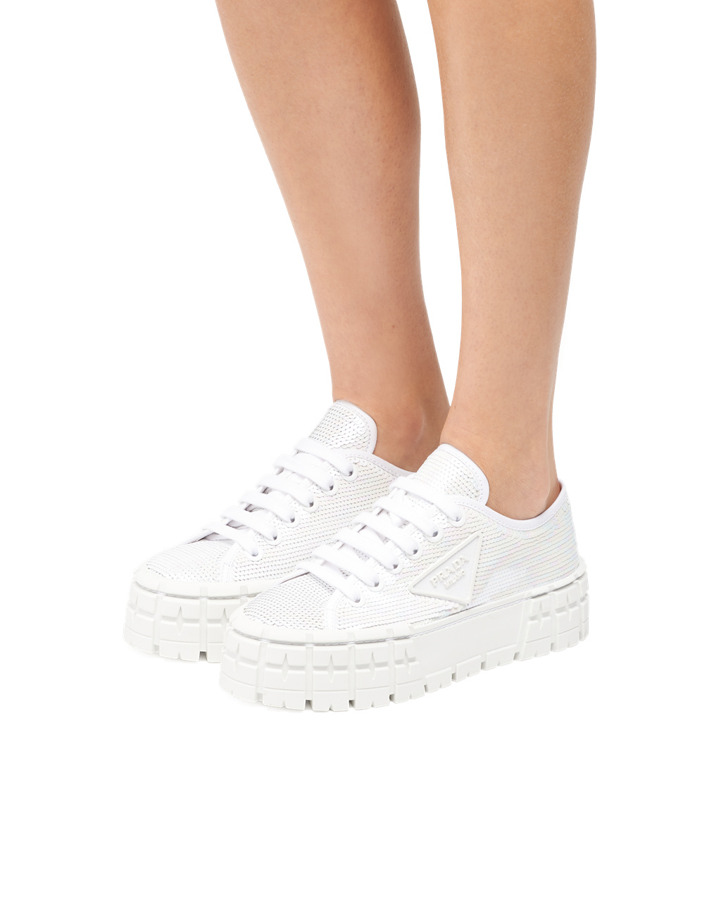 Prada Double Wheel Sequin Sneakers Hvite | ENGSQC360