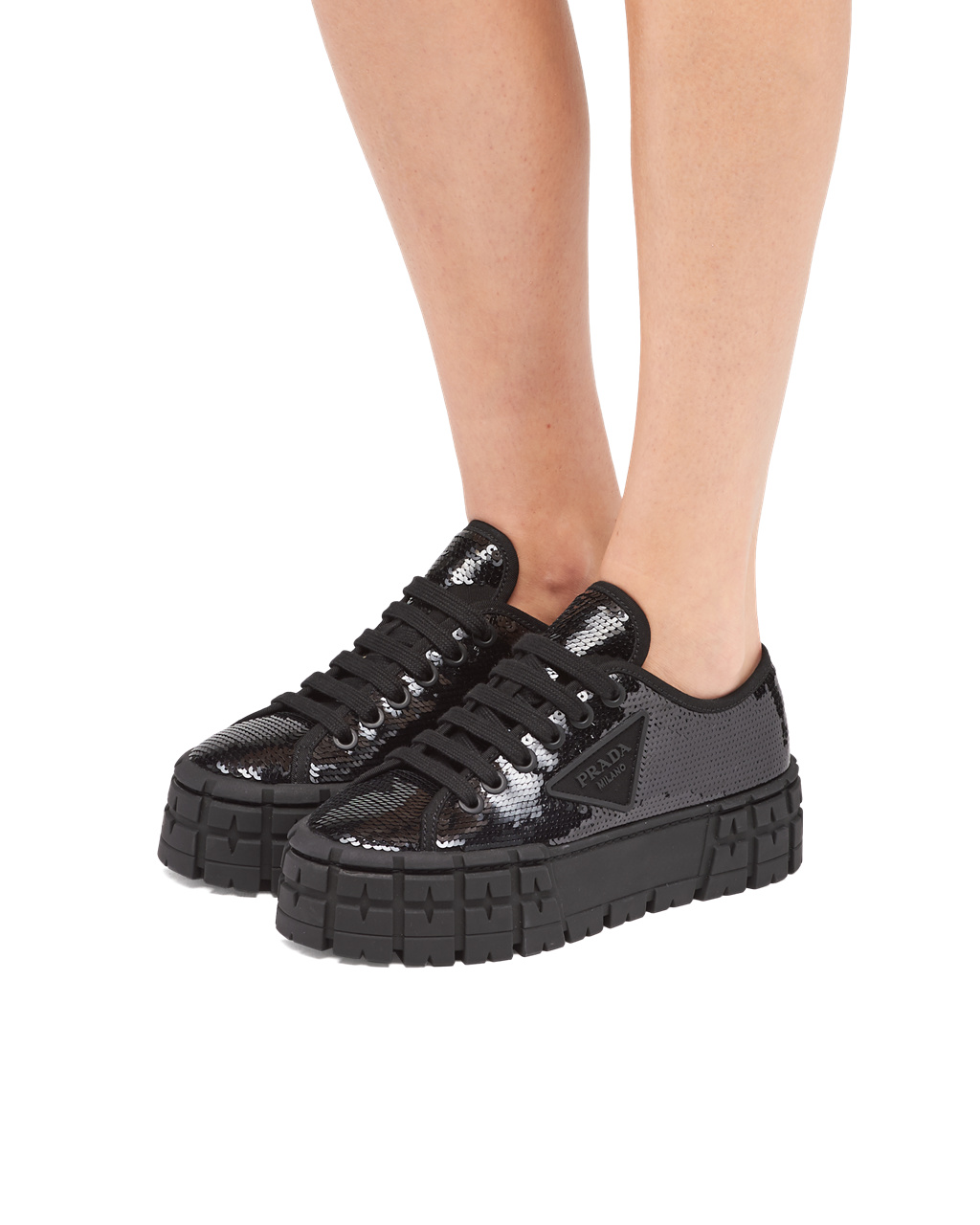 Prada Double Wheel Sequin Sneakers Svarte | ARVEZS346