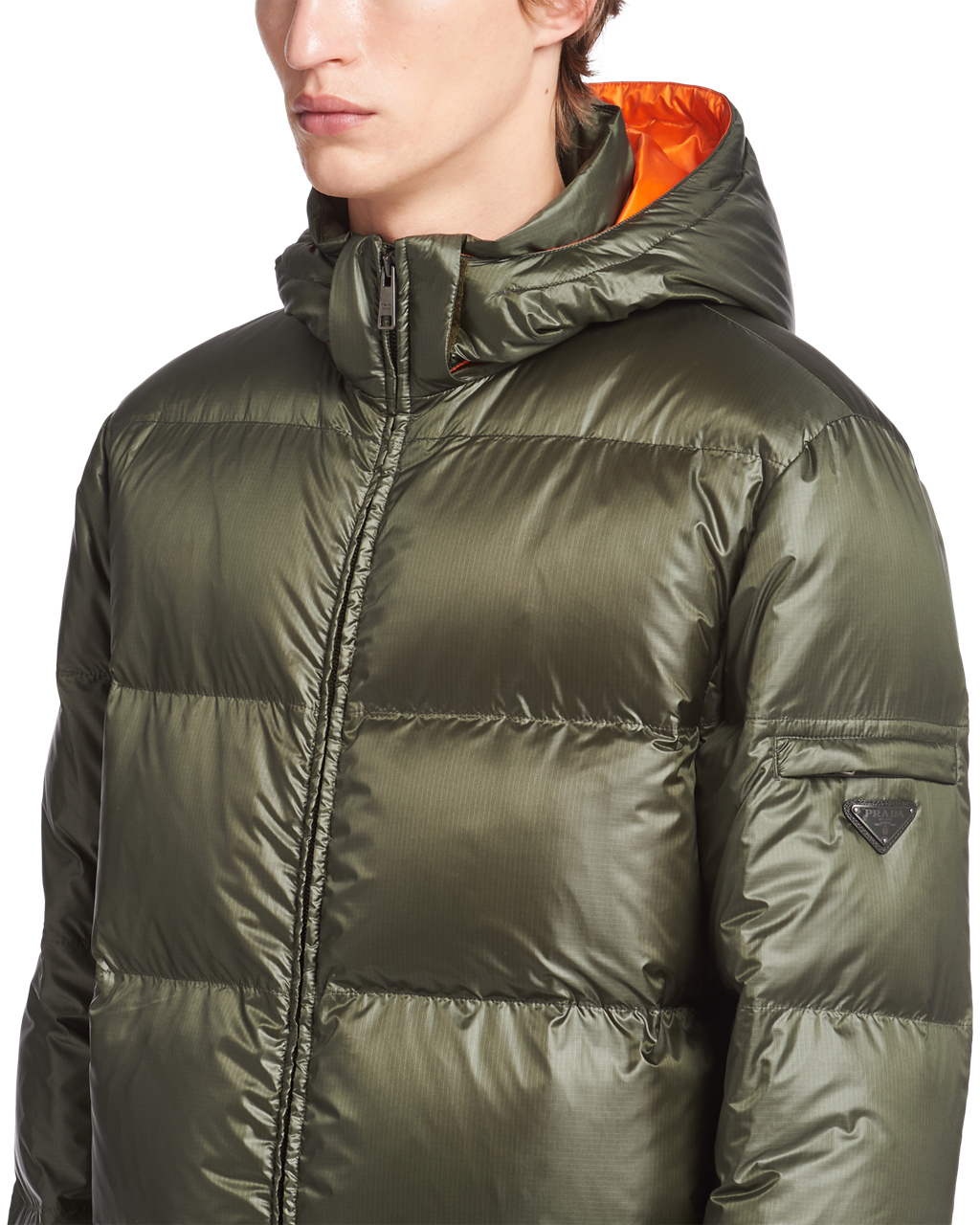 Prada Hette Nylon Down Jacket Grønn Oransje | 731-GMIULH