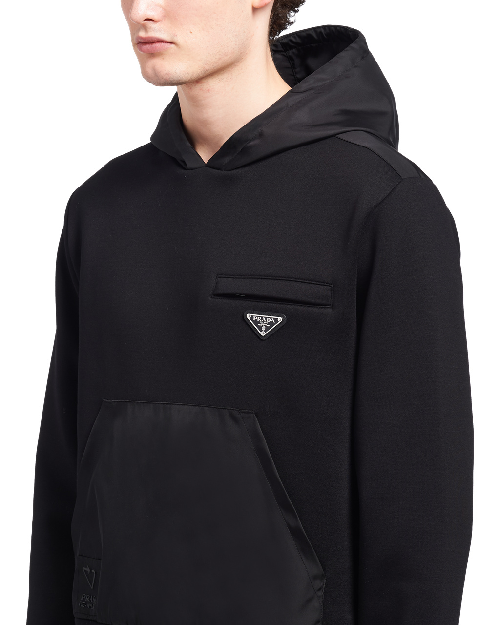 Prada Hoodie With Nylon Details Svarte Svarte | 754-KLOVCF