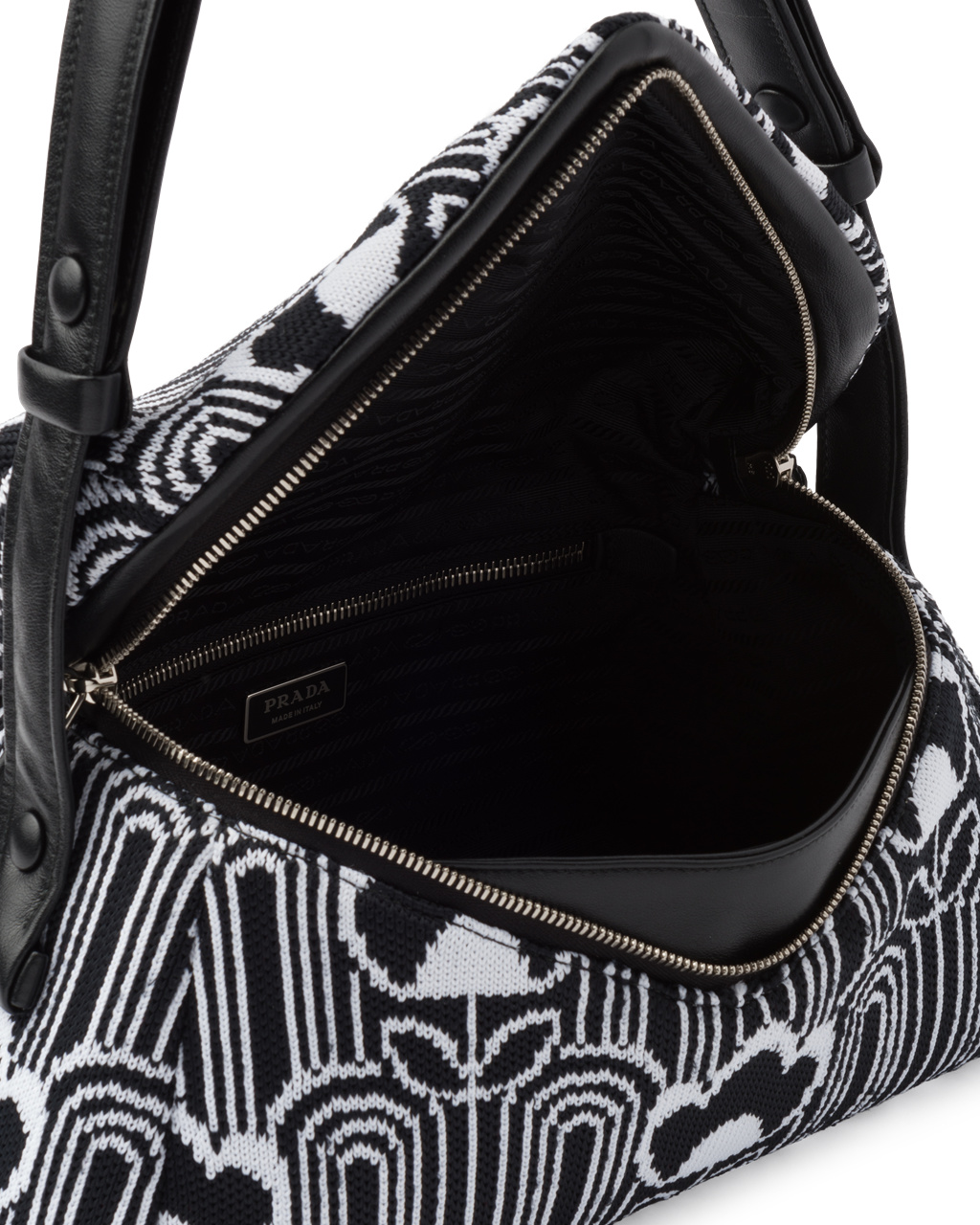 Prada Jacquard Knit And Lær Prada Signaux Bag Svarte Hvite | 461-YCHFMA