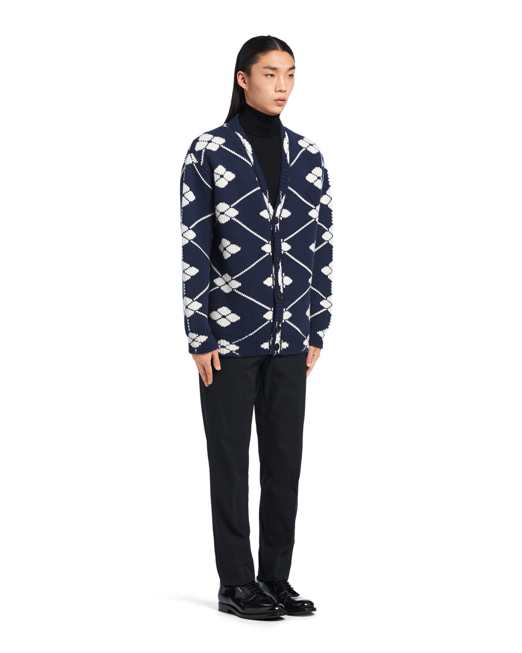 Prada Jacquard Wool And Cashmere Cardigan Marineblå | HUEQOP025