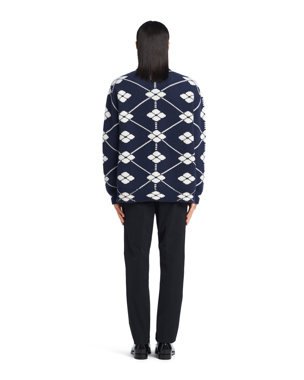 Prada Jacquard Wool And Cashmere Cardigan Marineblå | HUEQOP025