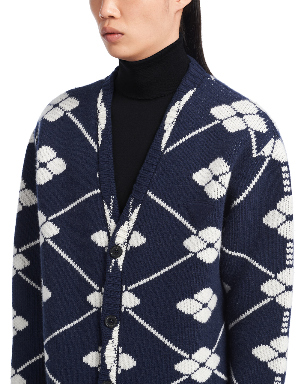 Prada Jacquard Wool And Cashmere Cardigan Marineblå | HUEQOP025