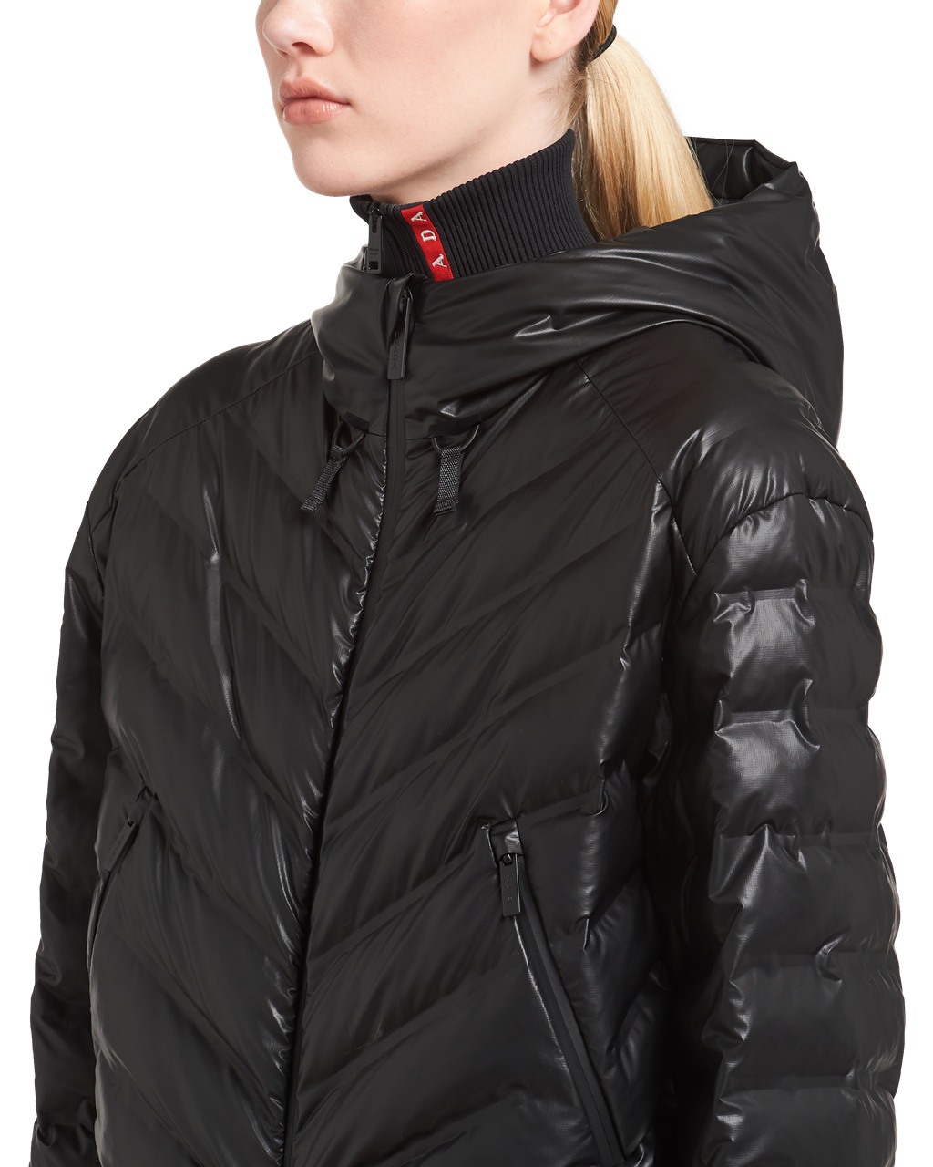 Prada Light Nylon Hette Puffer Jacket Svarte | 935-YGIZQO