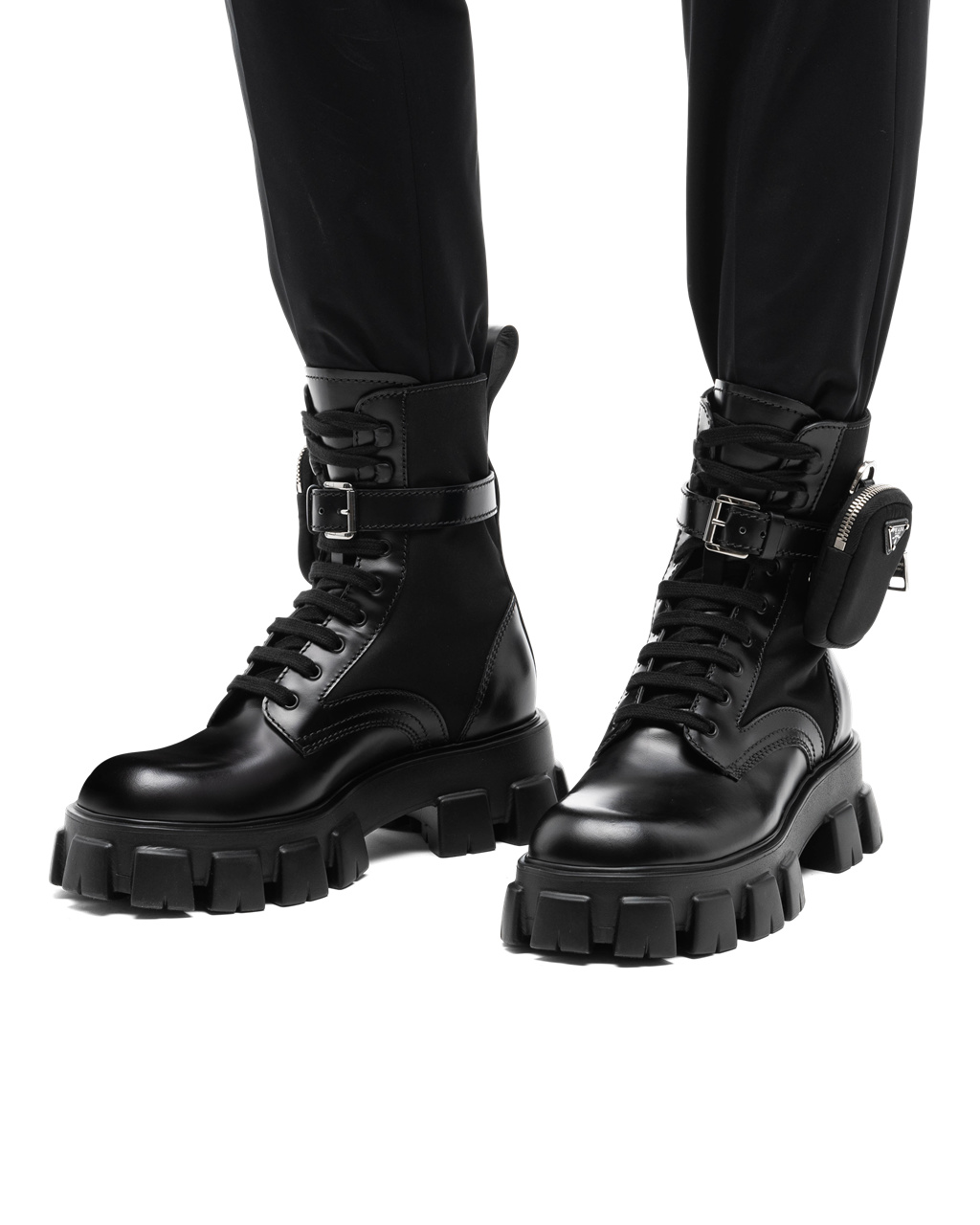 Prada Monolith Brushed Lær And Nylon Boots Svarte | 159-SJZPNO