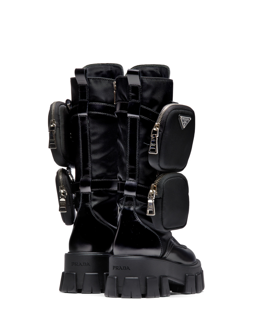 Prada Monolith Brushed Rois Lær And Nylon Biker Boots Svarte | 029-MSAGHE