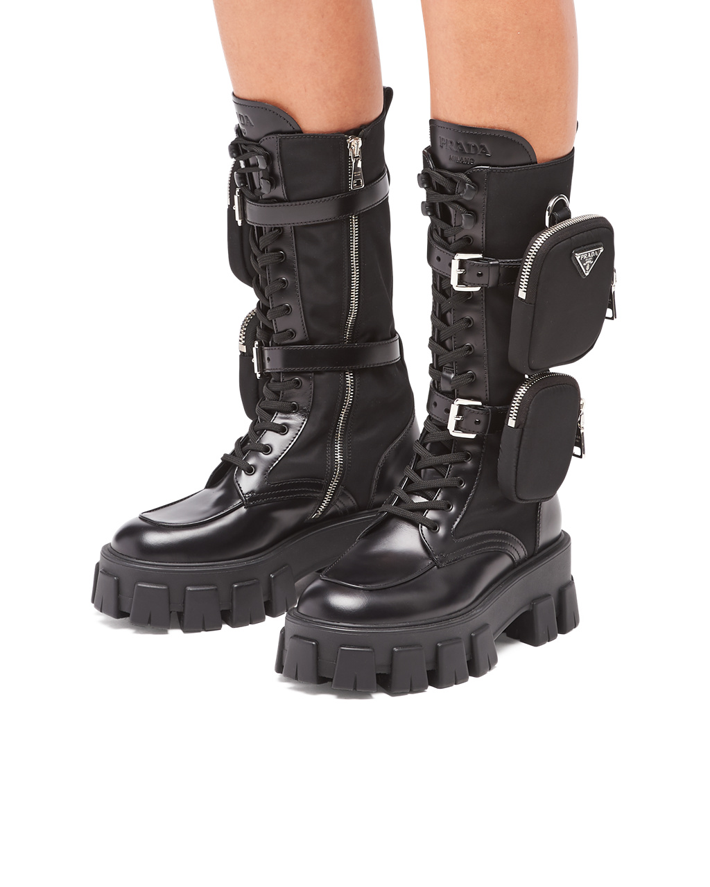 Prada Monolith Brushed Rois Lær And Nylon Biker Boots Svarte | 029-MSAGHE