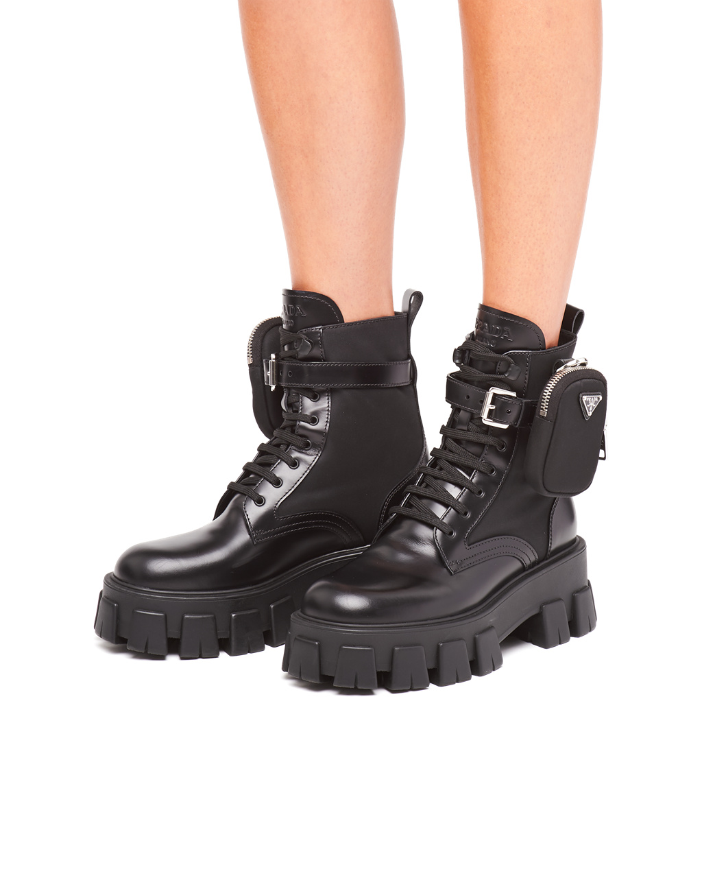 Prada Monolith Brushed Rois Lær And Nylon Biker Boots Svarte | 037-HZGLIQ