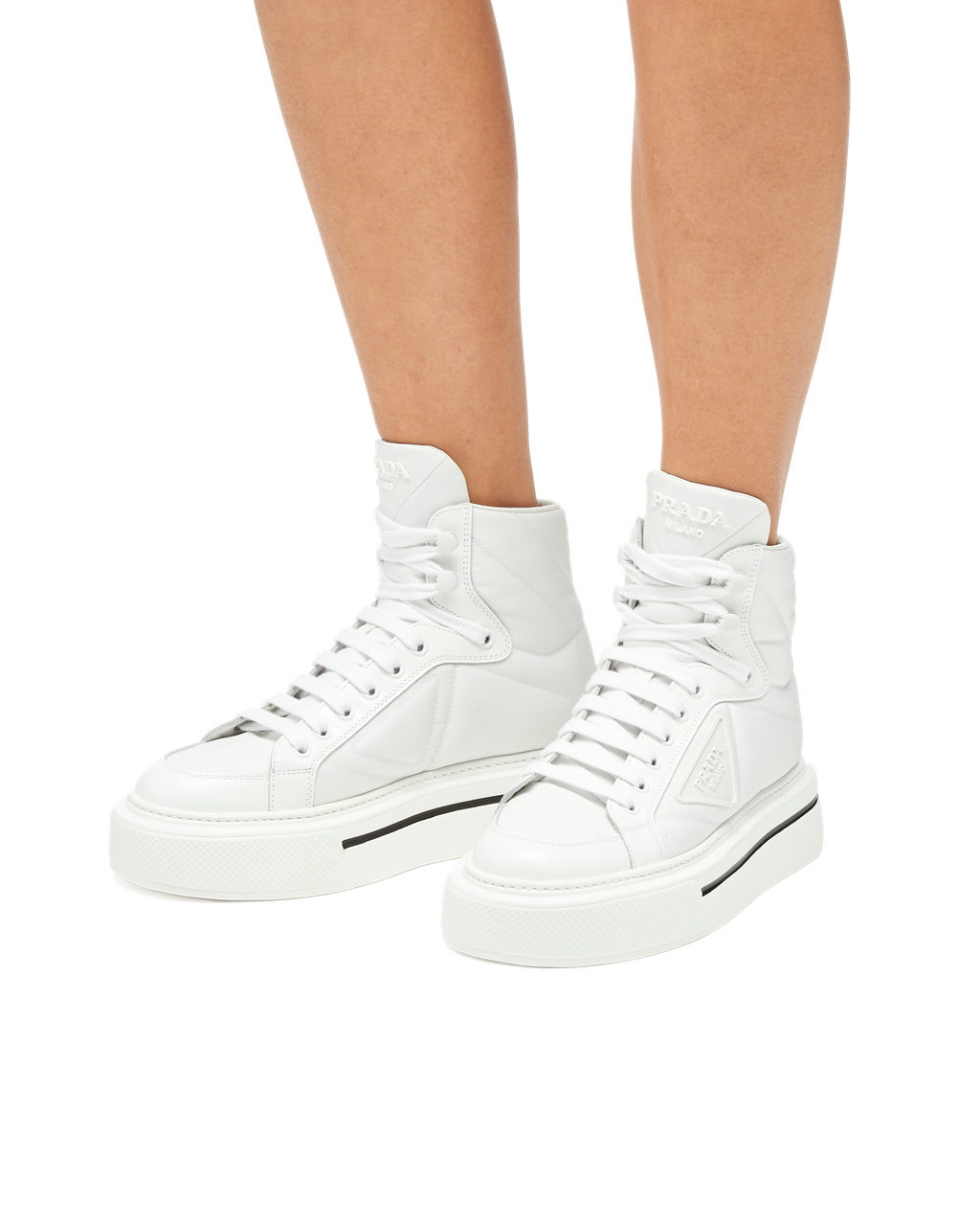 Prada Prada Macro Re-nylon And Brushed Lær High-top Sneakers Hvite | LOTMYS632