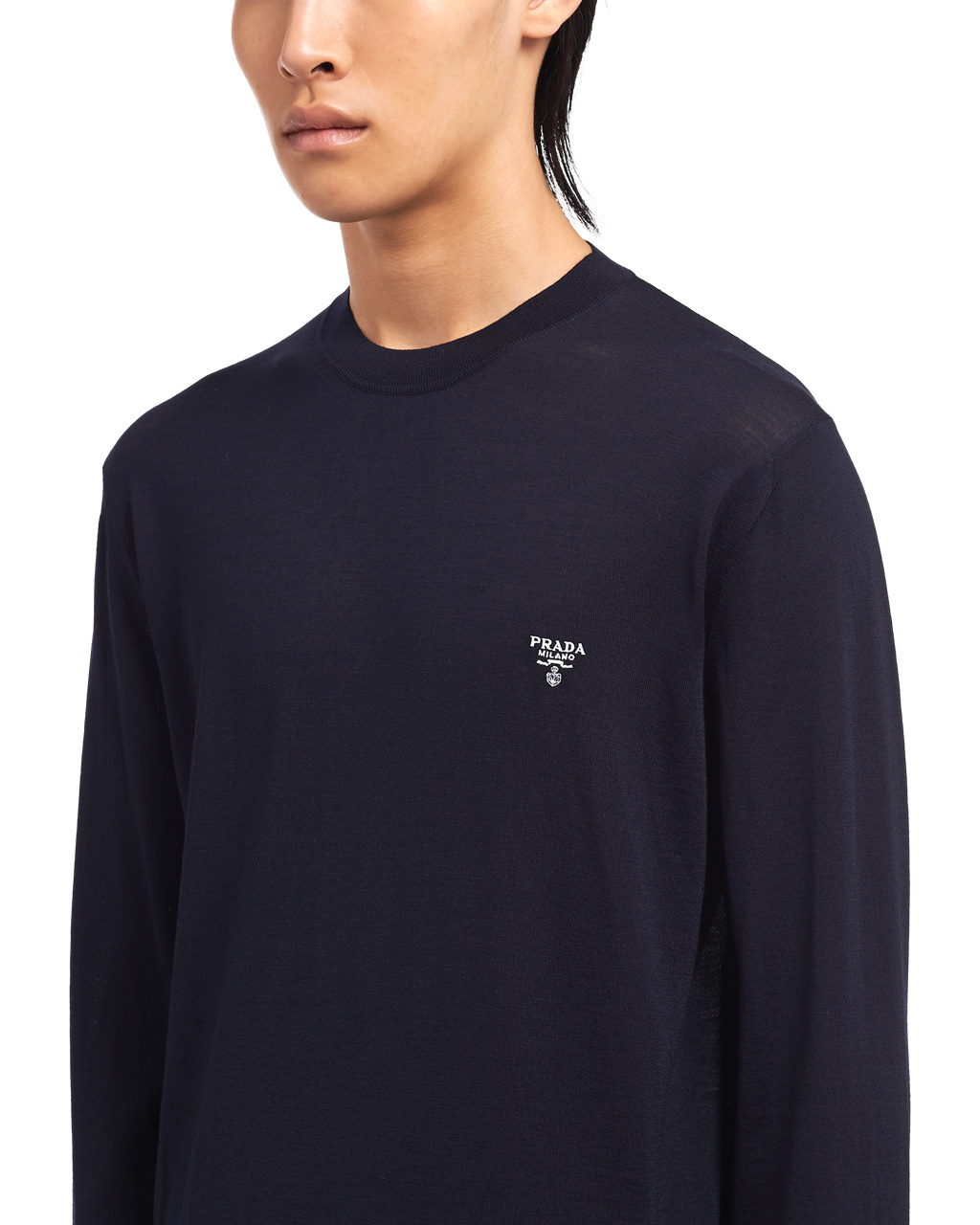 Prada Superfine Wool Crew-neck Genser Marineblå | JROBEV309