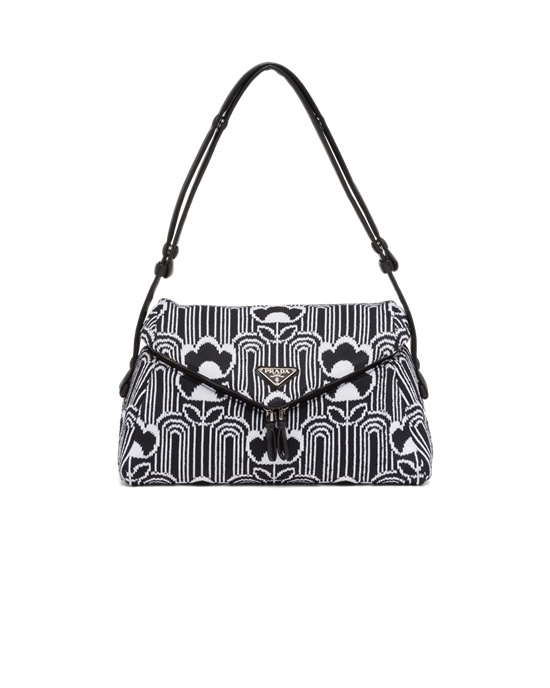 Prada Jacquard Knit And Lær Prada Signaux Bag Svarte Hvite | 461-YCHFMA