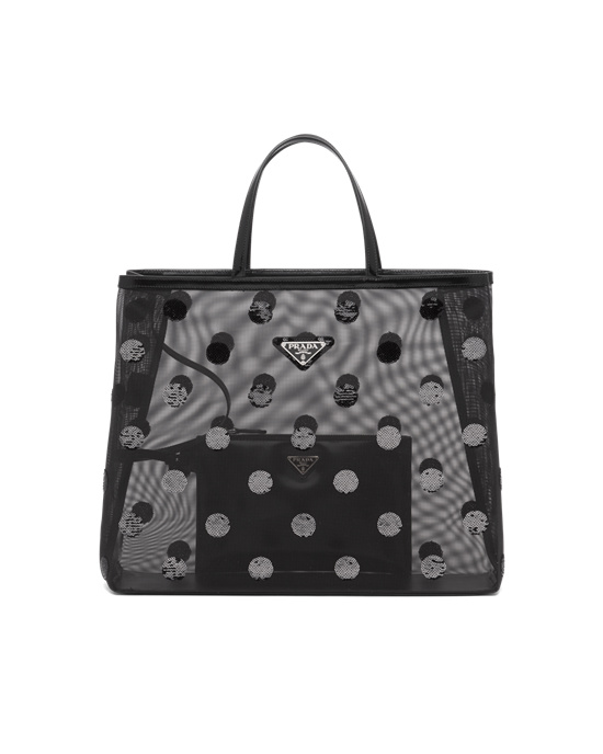 Prada Polka-dot Mesh Tote Bag Svarte | UZMPFW238