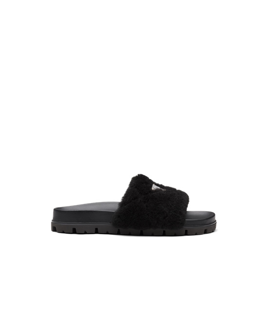 Prada Shearling Slides Svarte | 467-PUMYWG